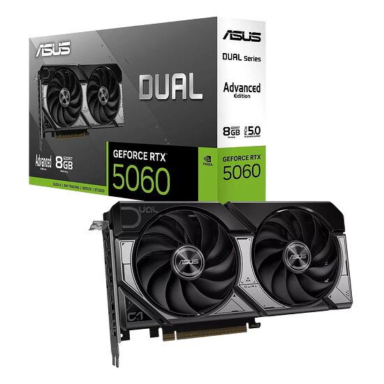 Carte graphique ASUS Dual GeForce RTX 5060 avec 8 Go de mémoire GDDR6, présentée avec sa boîte d'origine.