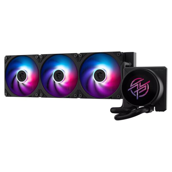 Watercooling AIO Corsair avec trois ventilateurs RGB illuminés en dégradé de bleu et rose.