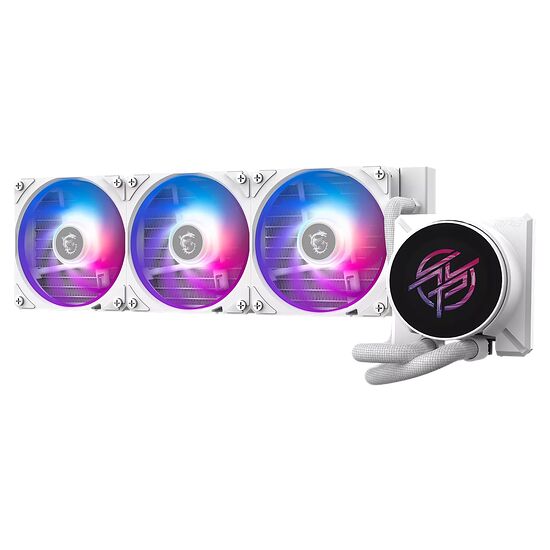 Refroidisseur liquide AIO blanc avec trois ventilateurs RGB et un bloc de pompe affichant un logo lumineux sur fond noir.