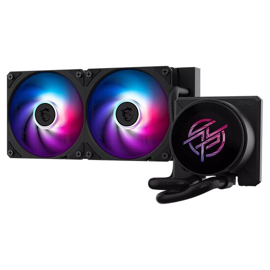 Refroidisseur liquide MSI avec deux ventilateurs à éclairage RGB multicolore et un bloc de pompe arborant le logo de la marque.