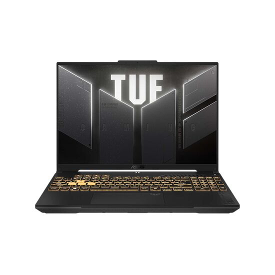Ordinateur portable ASUS de la gamme TUF avec un clavier rétroéclairé en orange et un écran affichant le logo TUF sur fond noir.