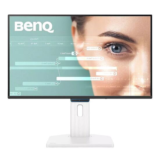 Écran BenQ blanc affichant un visage humain en gros plan avec des graphiques superposés sur l'écran.