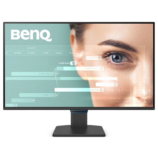 Écran BenQ affichant un gros plan d'un œil humain sur un fond bleu clair avec des éléments graphiques.