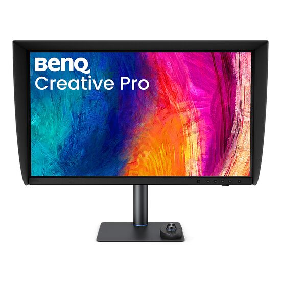 Écran BenQ Creative Pro affichant un fond d'écran abstrait aux couleurs vives, monté sur un pied noir avec une molette de contrôle.