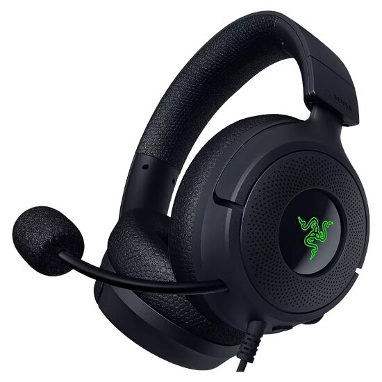 Casque gamer Razer noir avec micro intégré et logo Razer illuminé en vert sur l'écouteur.