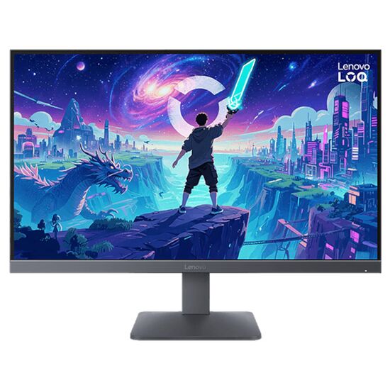 Écran de PC Lenovo LOQ affichant une illustration fantastique d'un personnage face à un dragon et une ville futuriste.