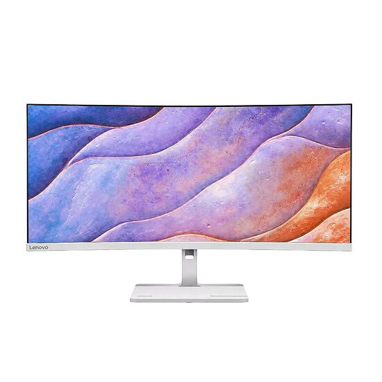 Écran incurvé Lenovo affichant un fond d'écran abstrait aux nuances de bleu, violet et orange. L'écran est monté sur un pied argenté élégant.