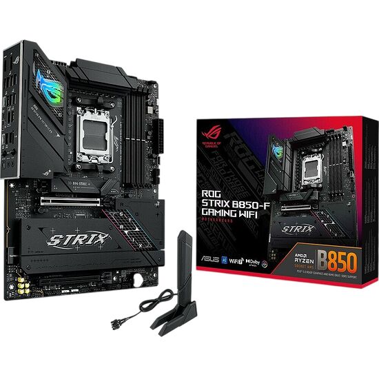 Carte mère ASUS ROG Strix B850-F Gaming WiFi avec son emballage, présentant un design noir et des dissipateurs thermiques robustes.