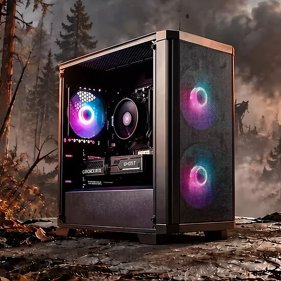 Un boîtier PC avec un éclairage RGB violet et bleu, posé sur un rocher dans une forêt en feu avec des soldats et un avion de chasse en arrière-plan.