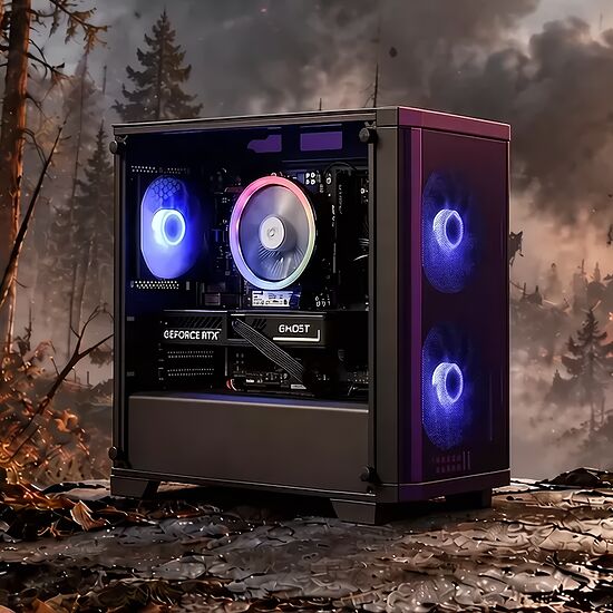 Un PC gamer avec un boîtier noir et des ventilateurs rétroéclairés en bleu et violet, placé au milieu d'une forêt en feu avec des soldats en pleine action.