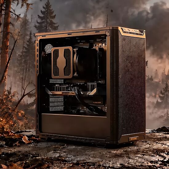 Un boîtier PC compact avec éclairage interne, placé au milieu d'une forêt en feu avec des soldats et un avion de chasse en arrière-plan.