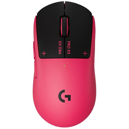 Souris gaming Logitech de couleur rose et noire avec le logo G sur le dessus.
