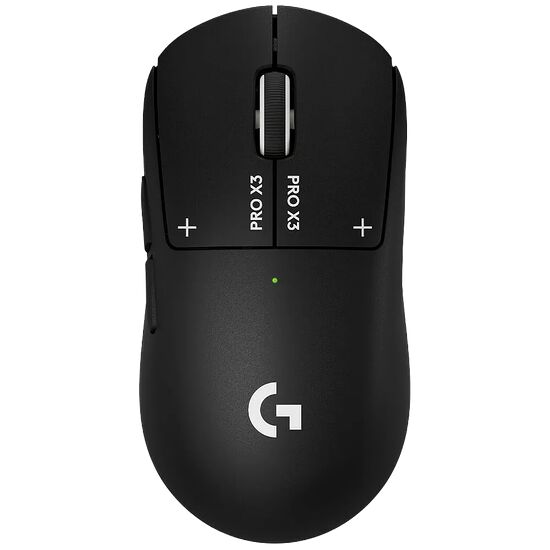 Souris sans fil Logitech G Pro X Superlight de couleur noire avec un petit voyant lumineux vert.