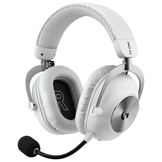 Casque gaming Logitech blanc avec micro flexible et coussinets rembourrés.