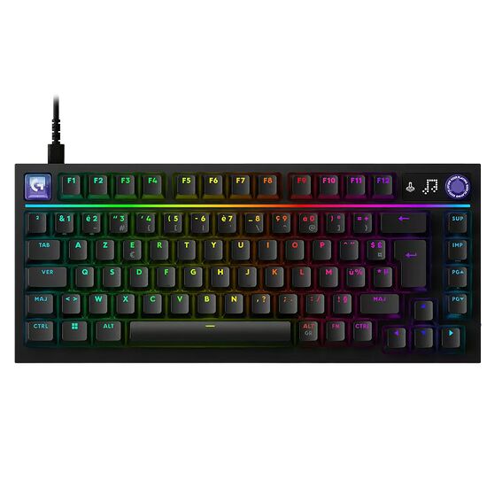 Clavier mécanique rétroéclairé RGB avec touches de couleur et câble USB détachable. Le clavier présente un design compact avec des touches noires et un éclairage multicolore.