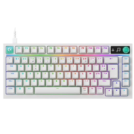 Clavier mécanique compact avec rétroéclairage RGB, touches blanches et touches de fonction colorées. Le clavier dispose d'un câble USB blanc et d'un design minimaliste.