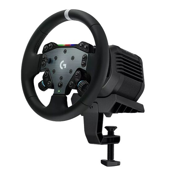 Volant de simulation Logitech avec pédalier et système de fixation, de couleur noire avec des détails colorés sur les boutons.