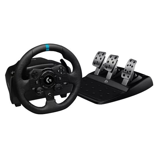 Ensemble de volant et pédalier Logitech pour le gaming, comprenant un volant noir avec boutons et un pédalier à trois pédales en métal.