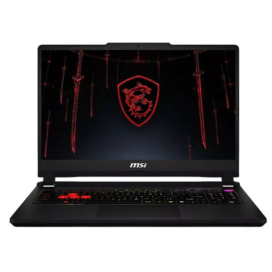 Ordinateur portable MSI avec un clavier rétroéclairé rouge et un fond d'écran affichant le logo MSI sur fond noir avec des épées.