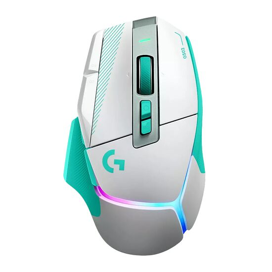Souris Logitech G502 de couleur blanche et turquoise avec un éclairage RGB coloré. Elle présente plusieurs boutons programmables sur le dessus et sur le côté.