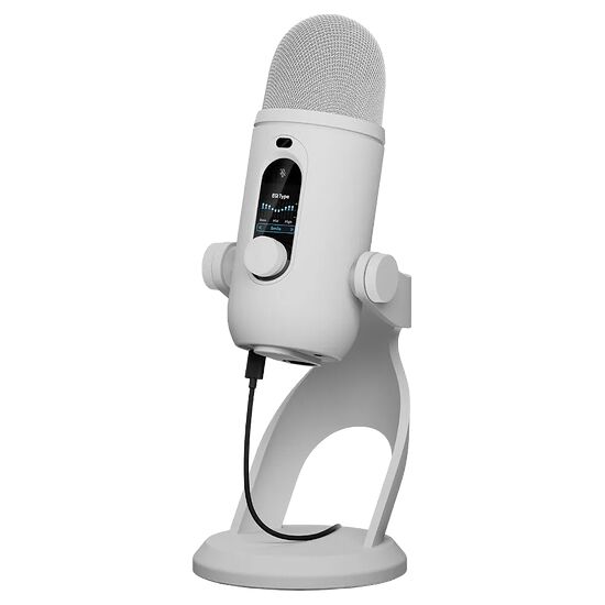Microphone de bureau blanc avec un écran de réglage de l'égaliseur intégré et un pied de support assorti.