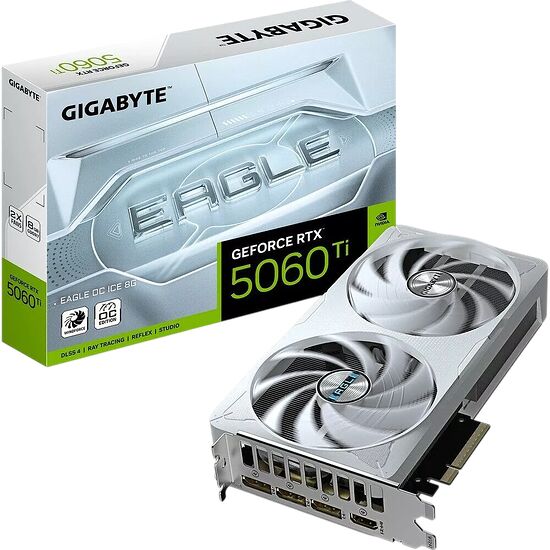 Carte graphique Gigabyte GeForce RTX 5060 Ti Eagle OC Ice, présentée avec sa boîte blanche et ses deux ventilateurs blancs.