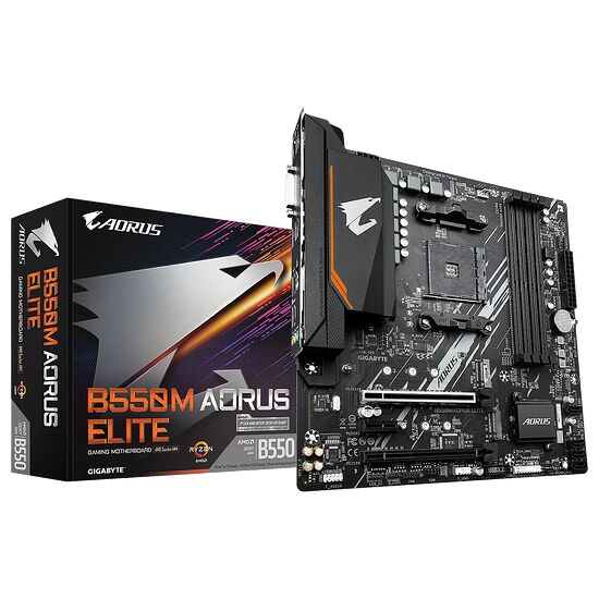Carte mère Gigabyte B550M Aorus Elite présentée avec sa boîte d'emballage noire et orange.