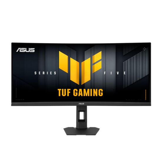 Écran de PC gamer ASUS de la gamme TUF Gaming, avec un design ultra-large et un pied de support noir.