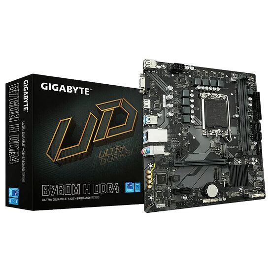 Carte mère Gigabyte B760M H DDR4 présentée avec sa boîte d'emballage noire et dorée.