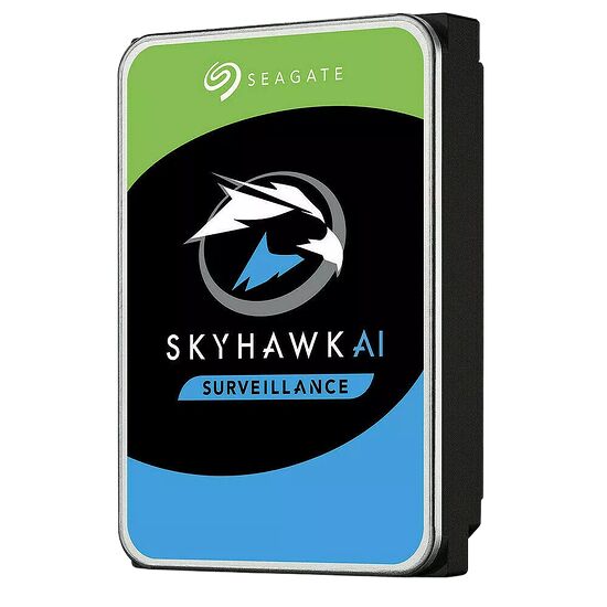 Disque dur externe Seagate Skyhawk spécialisé pour la surveillance, avec un boîtier vert, noir et bleu.