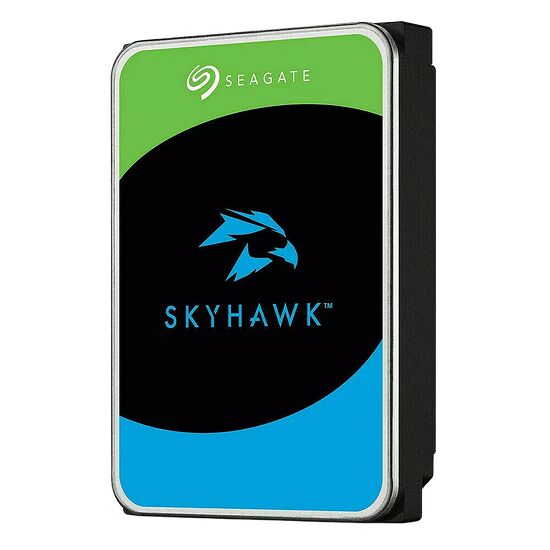 Disque dur interne Seagate Skyhawk avec un design vert, noir et bleu.