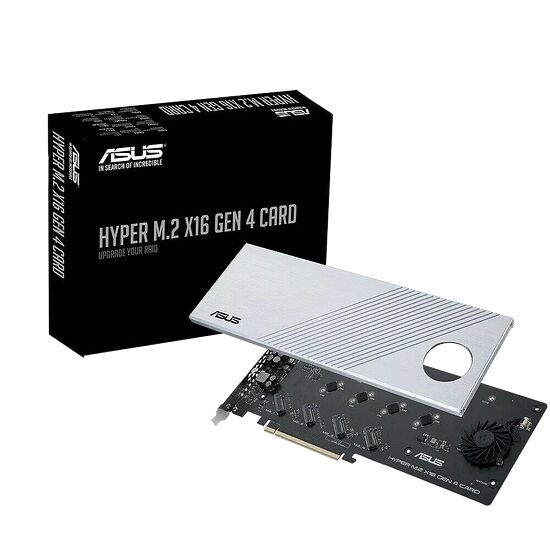 Carte d'extension ASUS Hyper M.2 X16 Gen 4 permettant d'ajouter plusieurs SSD NVMe, présentée avec sa boîte noire et son dissipateur thermique argenté.
