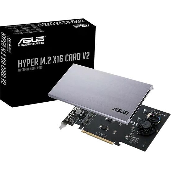 Carte d'extension ASUS Hyper M.2 X16 Card V2 avec son boîtier de refroidissement argenté, conçue pour l'extension RAID.