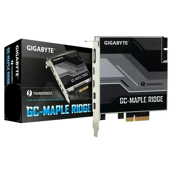 Carte d'extension Gigabyte GC-Maple Ridge certifiée Thunderbolt, présentée avec sa boîte d'emballage noire et grise.