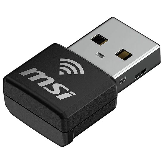 Adaptateur USB sans fil de marque MSI, de couleur noire avec le logo MSI et un symbole Wi-Fi.
