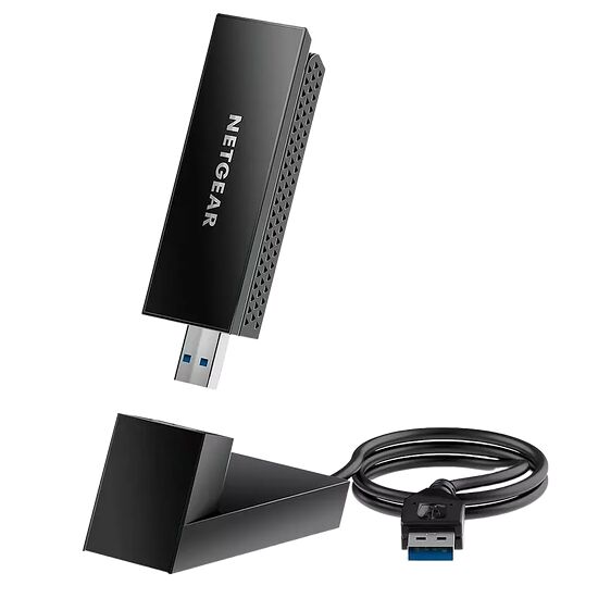 Adaptateur Wi-Fi Netgear USB noir comprenant un dongle USB et son socle de support avec un câble de connexion.