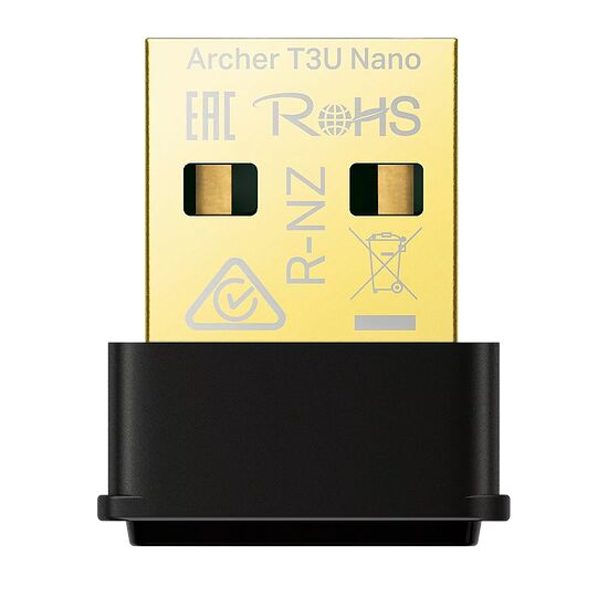 Adaptateur Wi-Fi USB Archer T3U Nano de couleur dorée avec un connecteur USB noir.