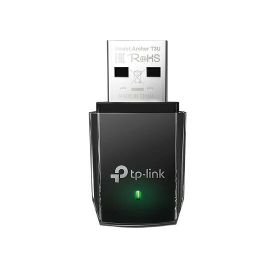 Adaptateur Wi-Fi USB TP-Link noir avec un voyant lumineux vert allumé.