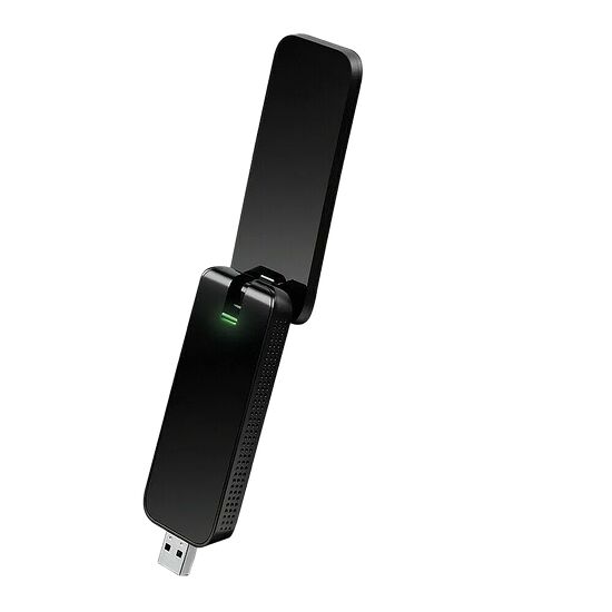 Adaptateur Wi-Fi USB noir avec une antenne orientable et un voyant lumineux vert.