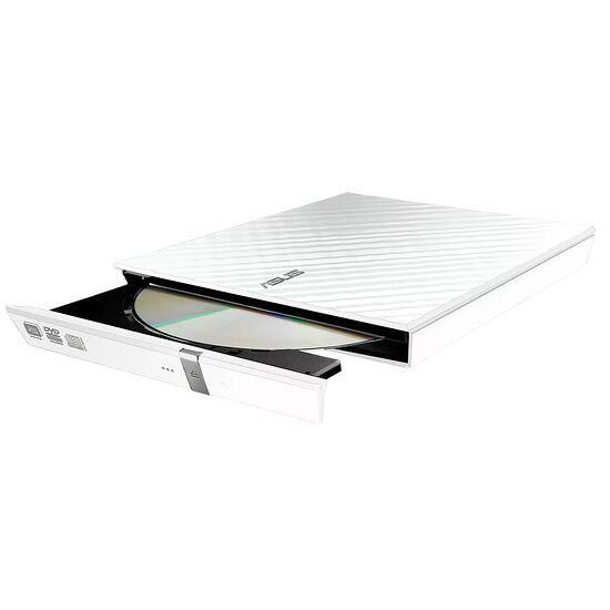 Lecteur DVD externe de marque ASUS de couleur blanche, avec un disque inséré dans le tiroir ouvert.