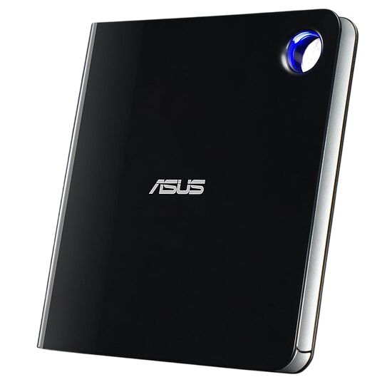 Disque dur externe ASUS de couleur noire avec un bouton d'alimentation lumineux bleu sur le dessus.