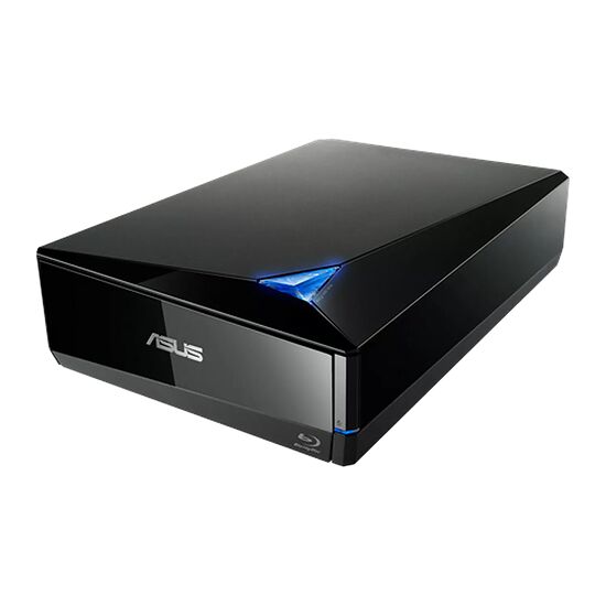 Un lecteur Blu-ray externe de marque ASUS, de couleur noire avec un design brillant et un voyant lumineux bleu.