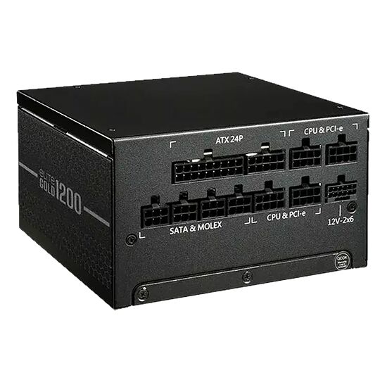 Bloc d'alimentation Seasonic Elite Gold 1200W avec divers connecteurs visibles, notamment des ports ATX 24P, CPU & PCI-e, SATA & MOLEX et 12V-2x6.