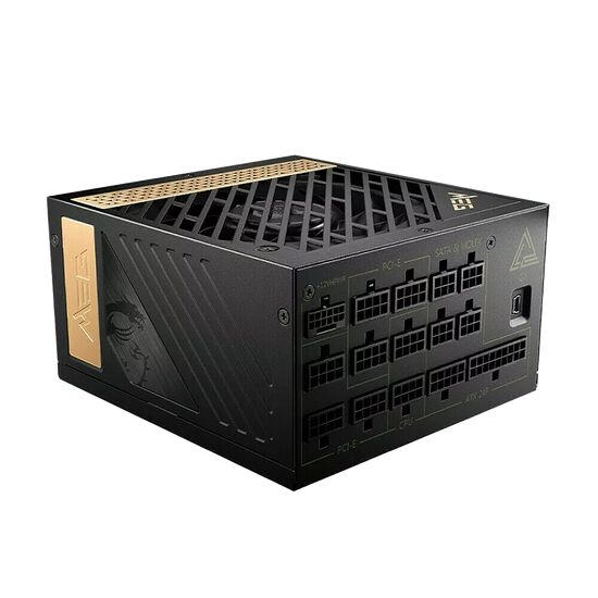 Bloc d'alimentation PC de marque GEAR, de couleur noire avec des détails dorés, présentant de nombreux connecteurs pour composants informatiques.