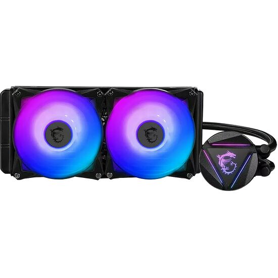 Refroidisseur liquide pour PC avec deux ventilateurs à éclairage RGB multicolore et un bloc de refroidissement avec le logo Corsair.