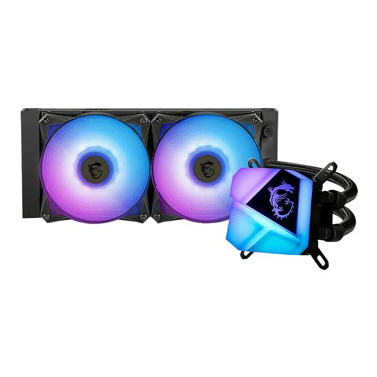 Système de refroidissement liquide MSI avec deux ventilateurs rétroéclairés en RGB et un bloc de refroidissement au design triangulaire lumineux.