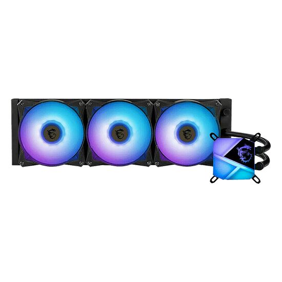 Refroidissement liquide MSI avec un radiateur de trois ventilateurs rétroéclairés en RGB et une pompe lumineuse.