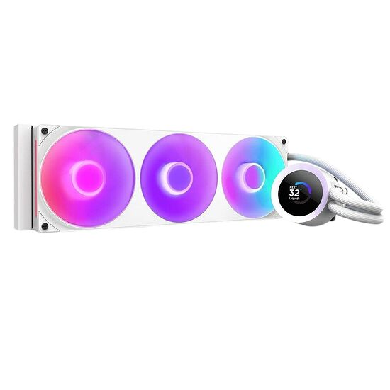 Système de refroidissement liquide blanc avec trois ventilateurs à éclairage RGB et un écran numérique affichant la température sur la pompe.