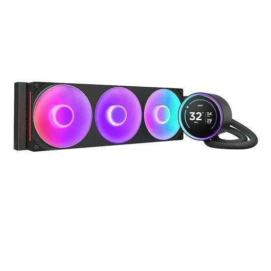 Un kit de refroidissement liquide NZXT avec un radiateur à trois ventilateurs rétroéclairés en RGB et un bloc de pompe affichant la température du GPU sur un écran numérique.