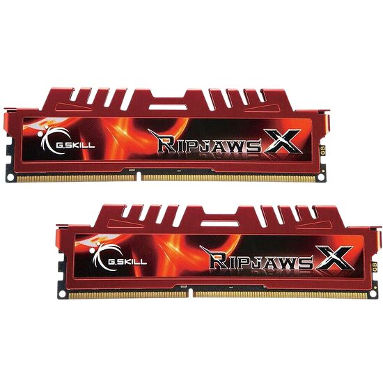 Deux barrettes de mémoire vive G.Skill Ripjaws X de couleur rouge avec un design graphique noir et rouge.